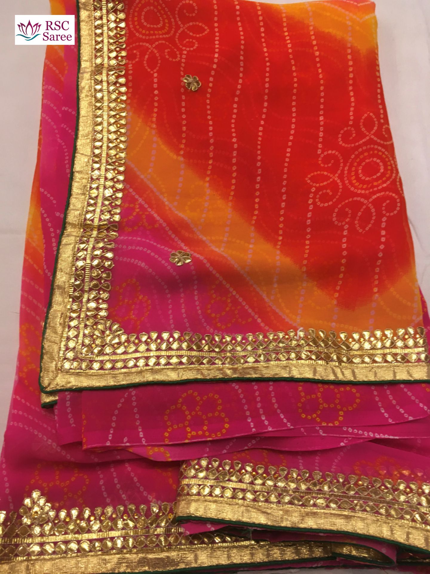 DLAV1360 Red, Orange Georgette Bandhani Print Saree & Gota Patti Jaipuri  Border – Chhabra 555